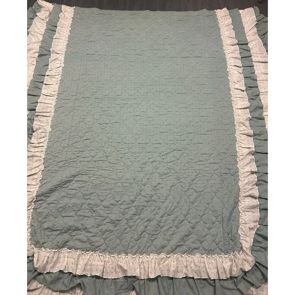 Vintage Sears Cottagecore Full Green‎ Floral Ruffle Bedspread Sheets Pillow Case